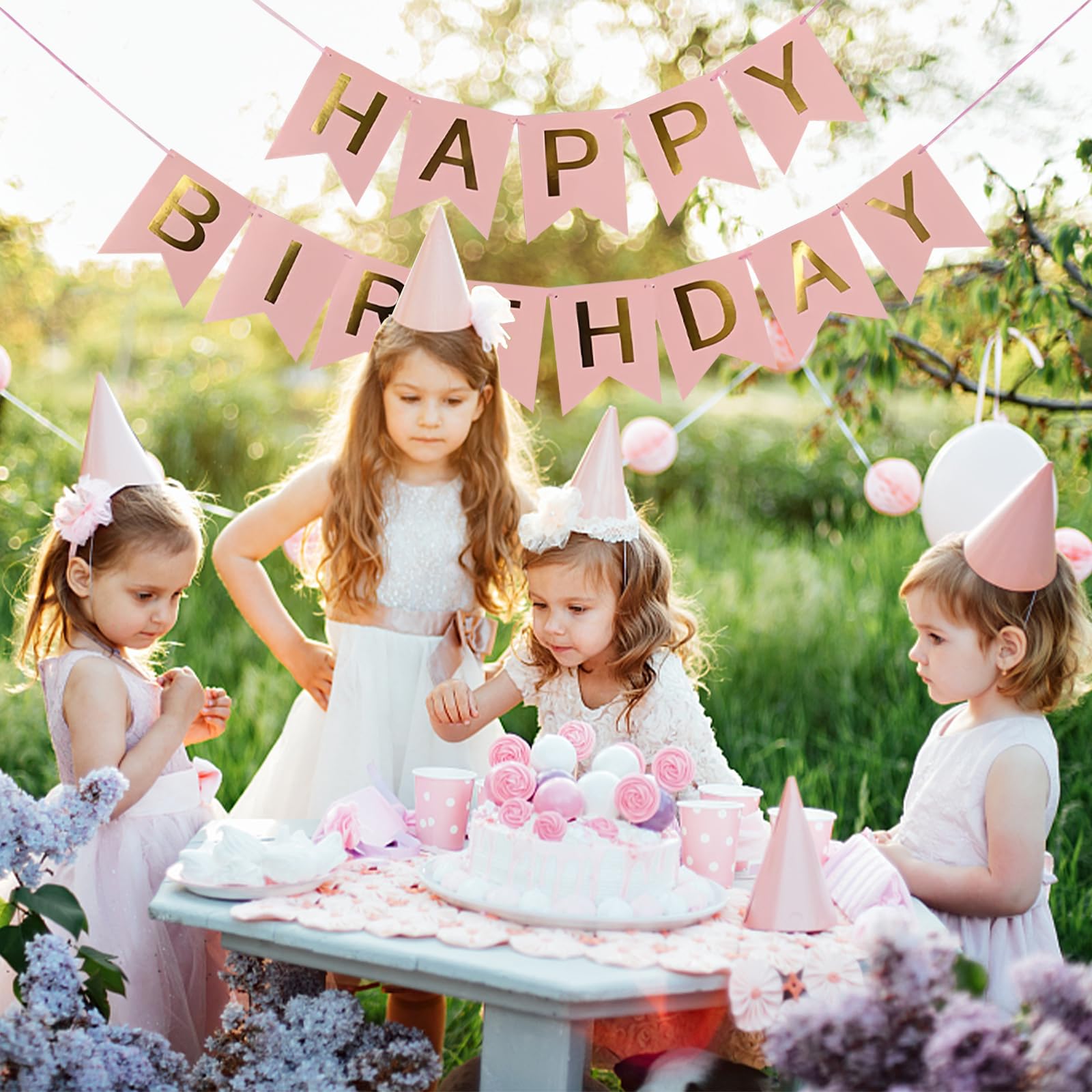 Imtively Pink Happy Birthday Banner, Happy Birthday Bunting Decorations for Birthday Party Backdrop Decor, Happy Birthday sign Party Supplies for Women Kids Baby Shower Birthday Party Hanging Decor