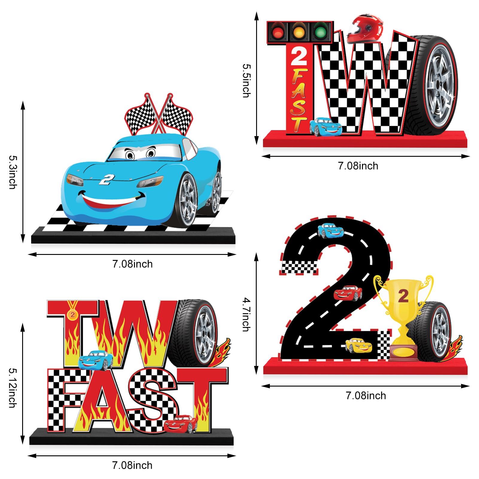 4PCS Race Car Two Fast Birthday Wooden Table Centerpieces for Baby Boys, Racing Car Themed Happy 2nd Birthday Table Sign Party Supplies, 2 Year Old Let's Go Racing Table Decor for Indoor Outdoor