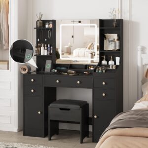 fameill black makeup vanity with 10 lights & power outlets, big vanity with 3 storage compartments, vintage vanity set with large drawers and storage cabinet, 45in