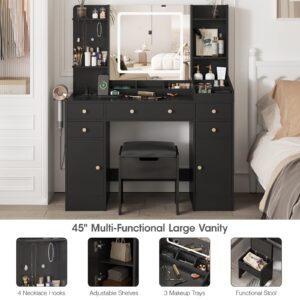 Fameill Black Makeup Vanity with 10 Lights & Power Outlets, Big Vanity with 3 Storage Compartments, Vintage Vanity Set with Large Drawers and Storage Cabinet, 45in