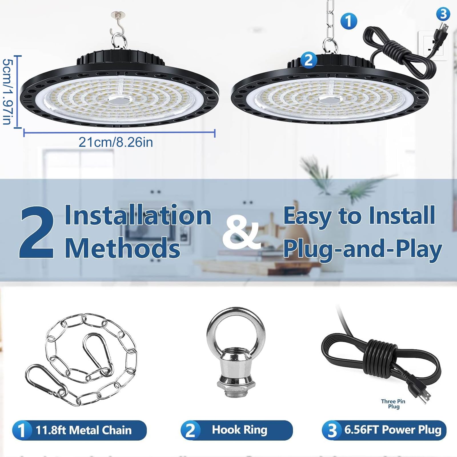 CHENGCHILIT LED High UFO Bay Light 2 Pack, 100W 15000LM 7000K UFO LED High Bay Lights with 110V Plug 6.56ft Cords, Super Bright Commercial LED Lights for Warehouse Gym High Bay Lighting