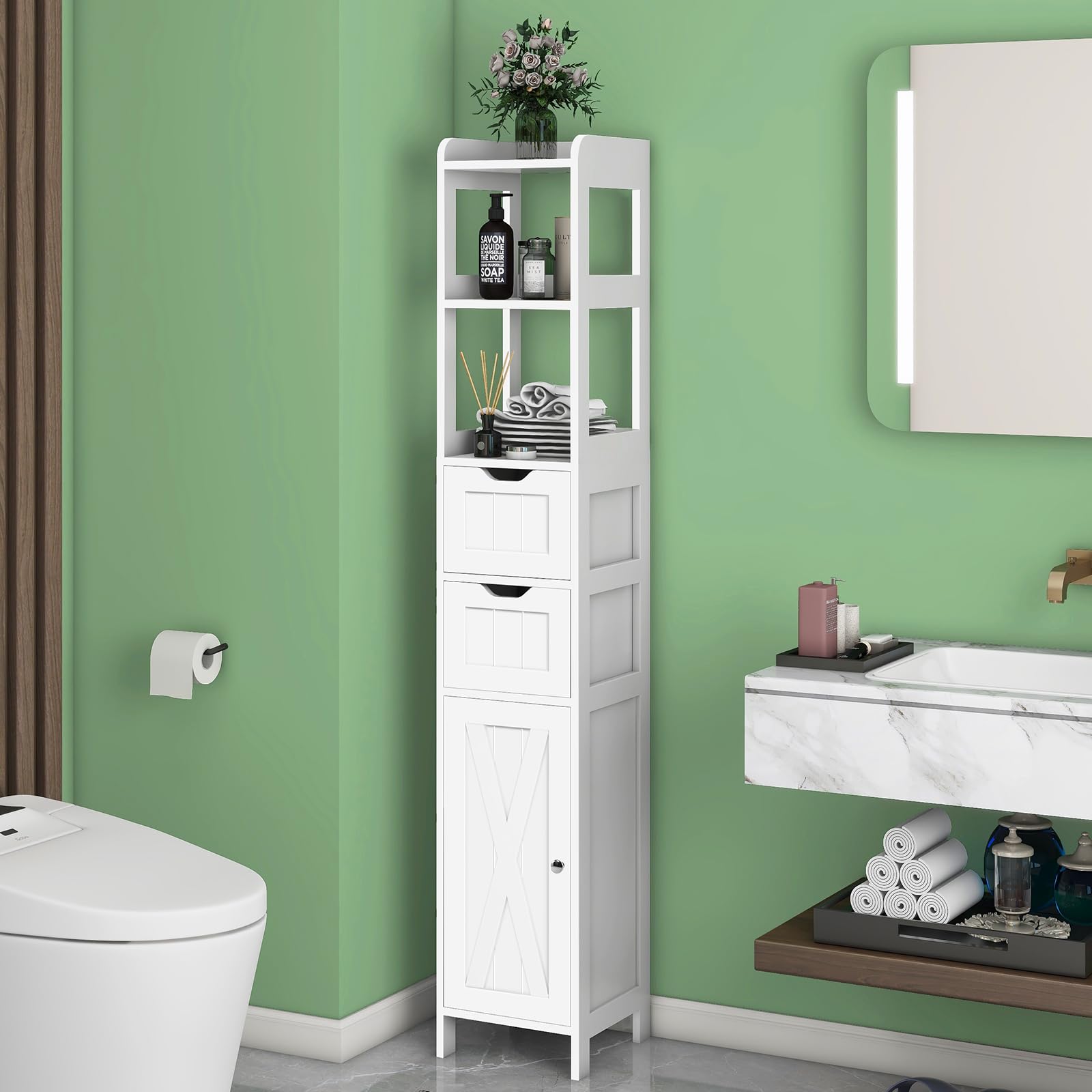 Bathroom Cabinet, Bathroom Storage Cabinet Rack Stand, Freestanding Narrow Tall Cabinet with Door and Adjustable Shelf, Multifunctional Bathroom Floor Cabinet with 2 Drawers (White)