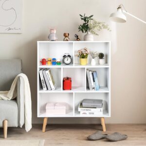 7 Cube White Bookshelf, 3 Tier Book Shelf with Legs Minimalist Bookcase Free Standing Display Cabinet Rack for Living Room, Office, Bedroom, Study Room (Contains Anti-Tipping Parts)