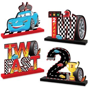 4pcs race car two fast birthday wooden table centerpieces for baby boys, racing car themed happy 2nd birthday table sign party supplies, 2 year old let's go racing table decor for indoor outdoor