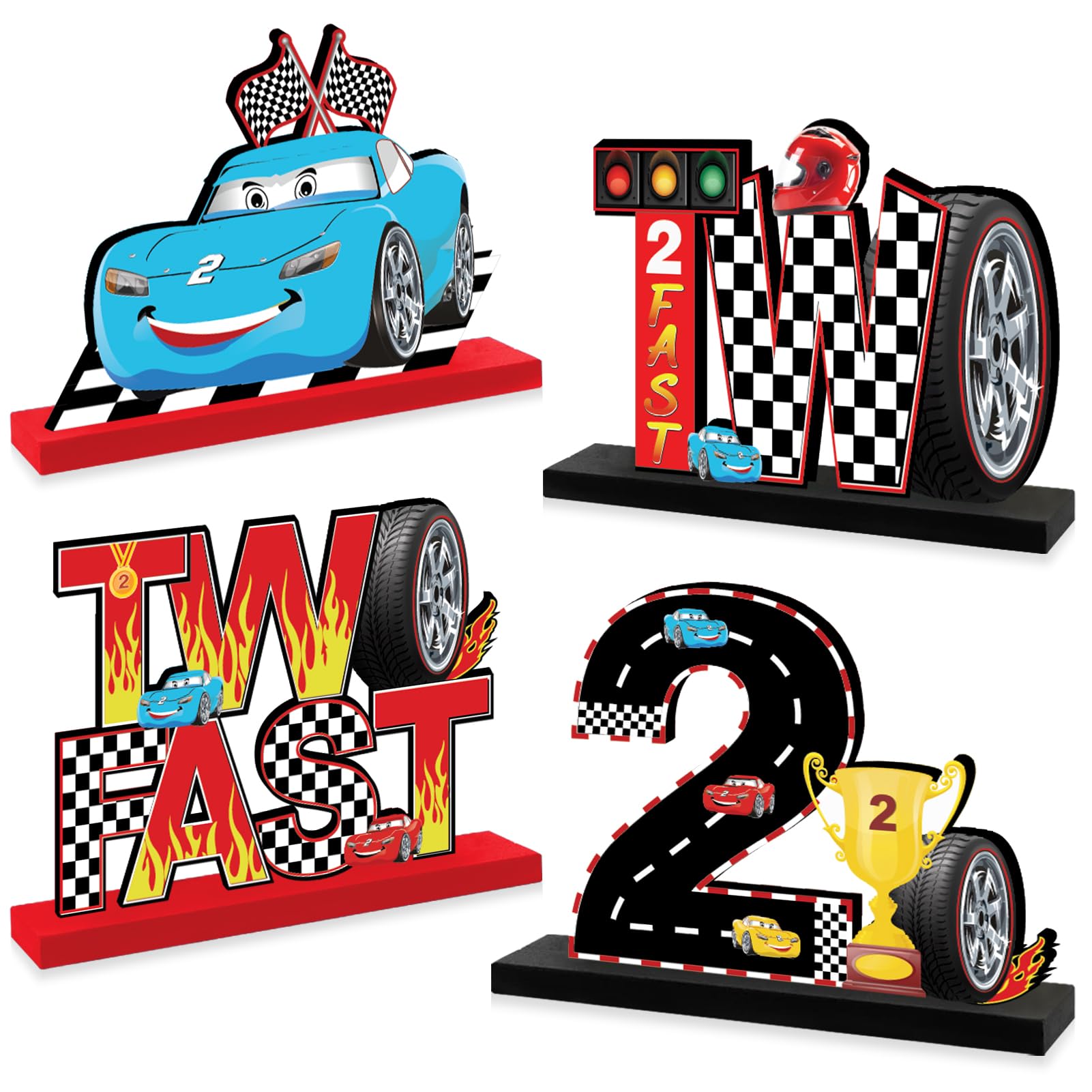 4PCS Race Car Two Fast Birthday Wooden Table Centerpieces for Baby Boys, Racing Car Themed Happy 2nd Birthday Table Sign Party Supplies, 2 Year Old Let's Go Racing Table Decor for Indoor Outdoor