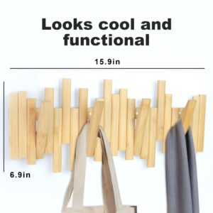 MinBoo Bamboo Multi Hook Coat Rack – Modern, Unique, Space-Saving Coat Hanger with 4 Flip-Down Hooks for Hanging Coats, Christmas Decorations,Bamboo