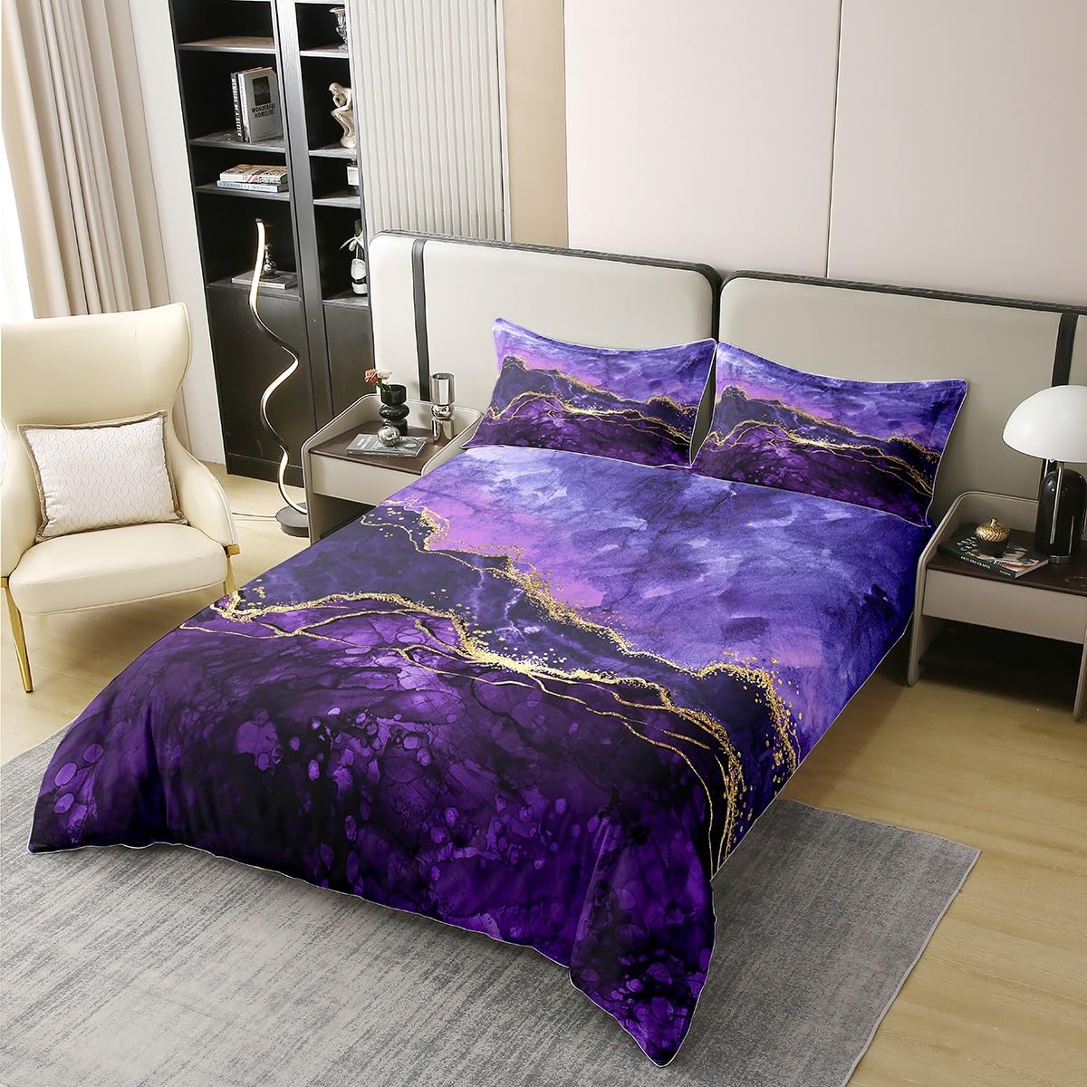 100% Organic Cotton Purple Marble Bedding Set Abstract Gold Purple Comforter Cover,Iridescent Ink Fluid Art Duvet Cover Marbling Modern Luxury Elegant Art Decorative Patchwork Quilt Cover King