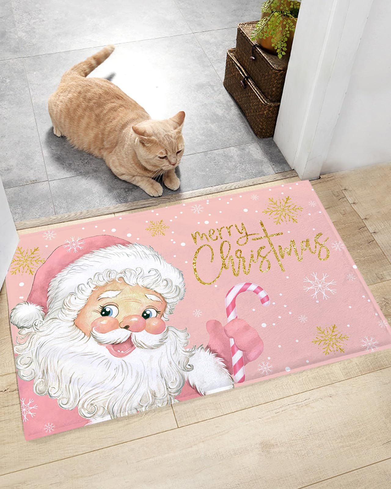 Christmas Pink Santa Claus Floor Door Mats Shag Carpet,Xmas Gold Foil Snowflake Non Slip Super Soft Bath Rugs,Winter Snow Shaggy Fuzzy Area Rug for Kitchen/Bathroom/Bedroom/Living Room Decor 16x24in