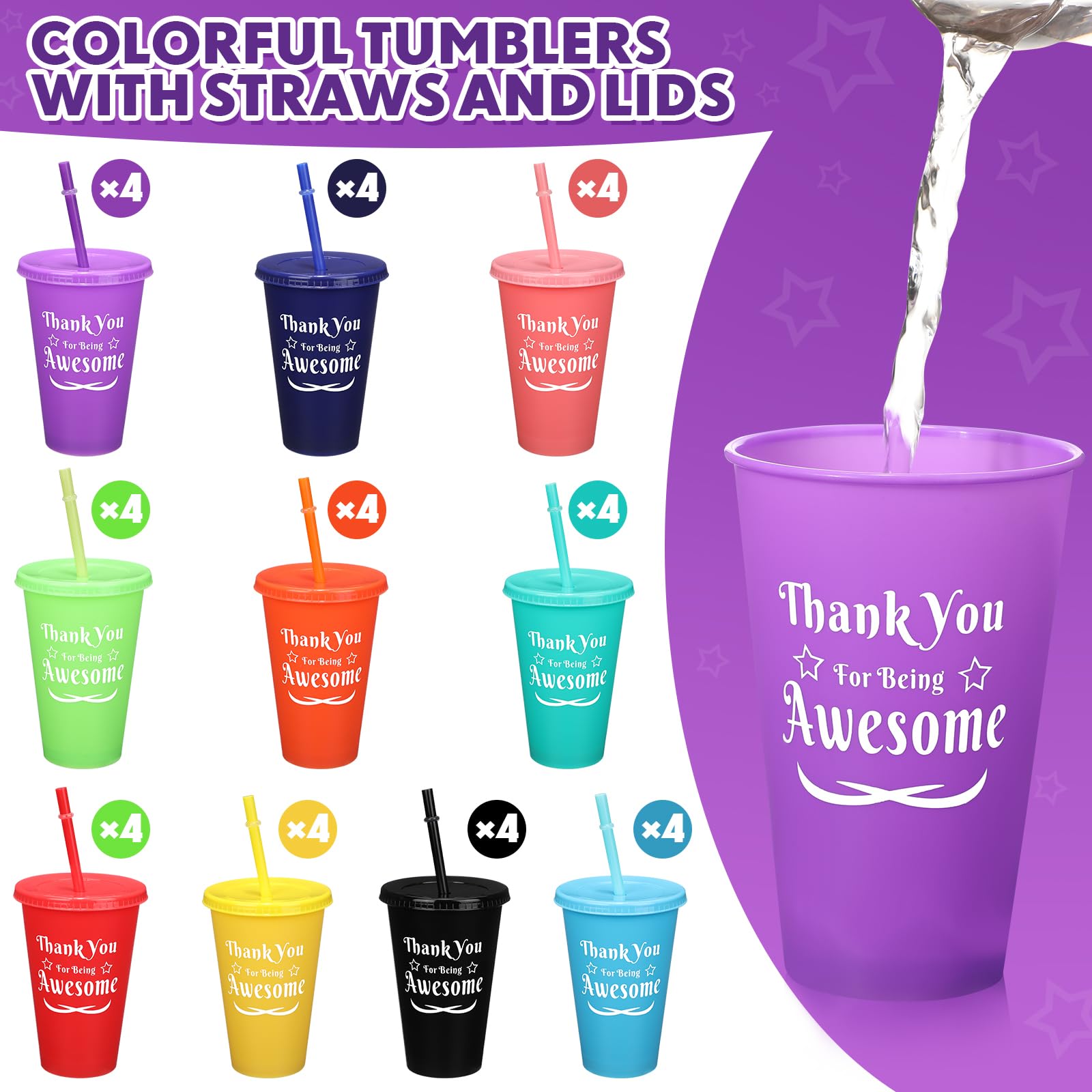 Dandat 40 Pcs Thank You Gifts 16 oz Colorful Tumbler with Straw and Lid Plastic Reusable Cups Thank You Mug Tumbler Water Bottle Cold Drink Travel Mug for Adults Birthday Party, 10 Colors