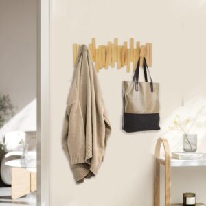 MinBoo Bamboo Multi Hook Coat Rack – Modern, Unique, Space-Saving Coat Hanger with 4 Flip-Down Hooks for Hanging Coats, Christmas Decorations,Bamboo