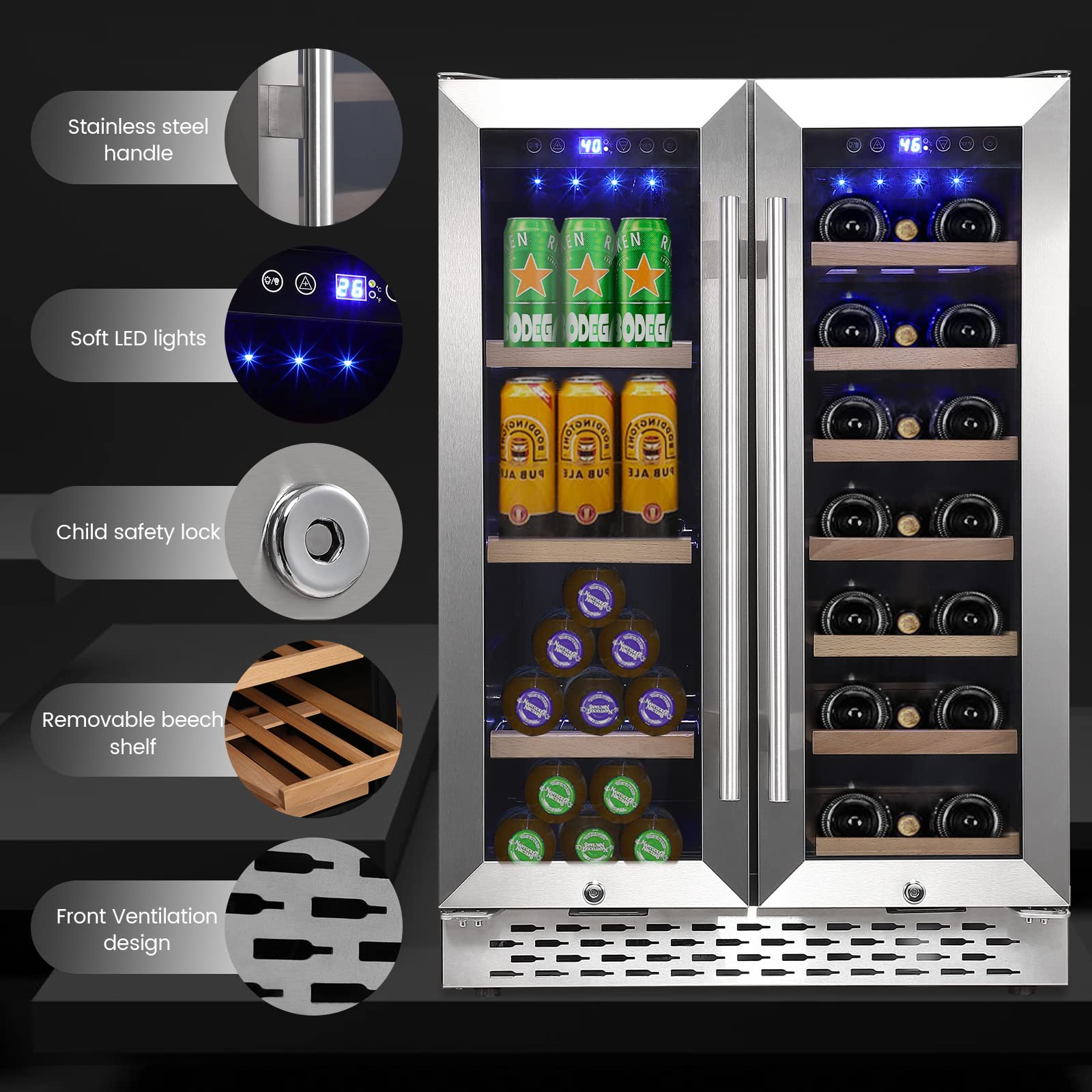 Aprafie Wine and Beverage Refrigerator, 24 inch 55 Cans and 20 Bottles Large Dual Zone Wine Cooler with Quiet Compressor, Blue LED, Dual Temperature Under Counter Wine Fridge