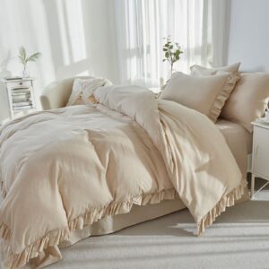 brandream duvet cover set twin/twin xl size linen feel textured organic natural 100% washed cotton duvet cover beige 2 pieces bedding set fringe ruffle with zipper closure (no comforter)