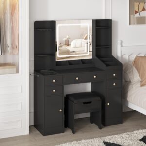 Fameill Black Makeup Vanity with 10 Lights & Power Outlets, Big Vanity with 3 Storage Compartments, Vintage Vanity Set with Large Drawers and Storage Cabinet, 45in