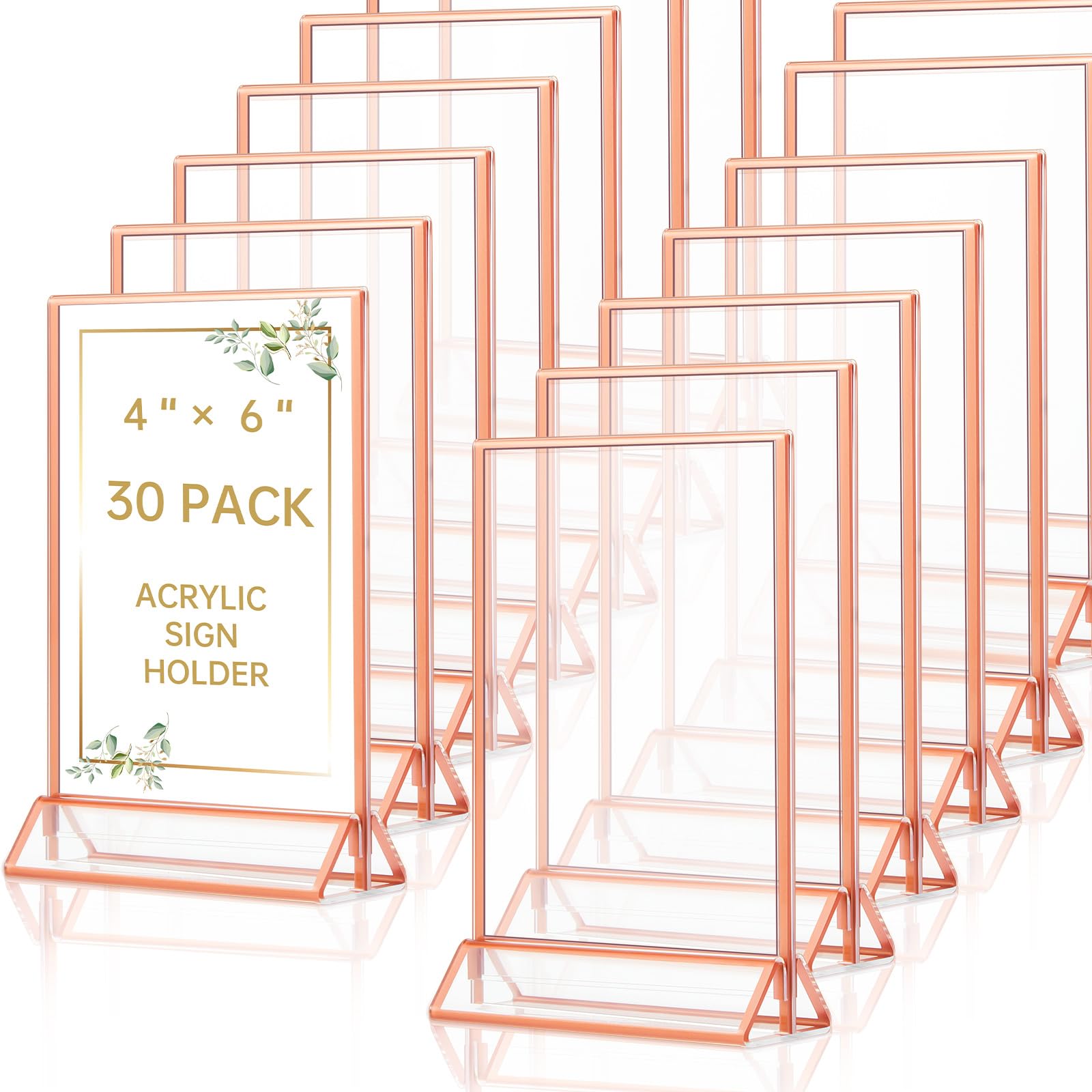 Suzile 30 Pcs Clear Acrylic Table Sign Holders 4 x 6 Inches Double Sided Rose Gold Borders Wedding Table Number Display Holder Picture Frames for Reception Anniversary Bridal Shower