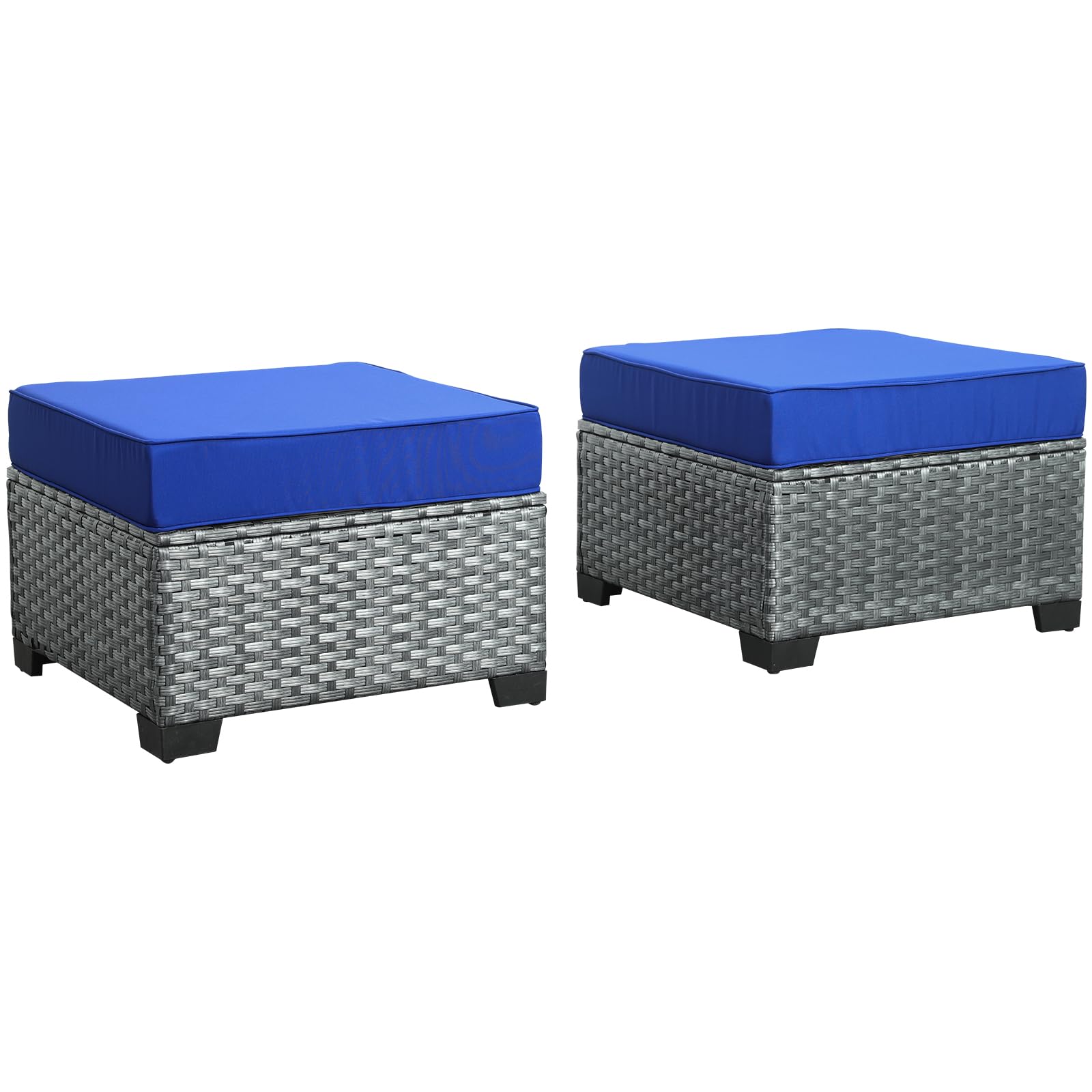 Lviden 2 Piece Outdoor Patio Ottomans, All Weather Grey Wicker Footstool Footrest, Additional Seating Furniture with 5" Thick Cushions (Royal Blue)