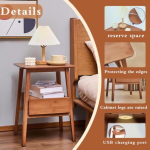 JIKUGO End Tables Bedroom,Bamboo Modern Nightstand with Drawers,Side Table End Table Bedside Table,Bedside Table with Open Storage for Bedroom