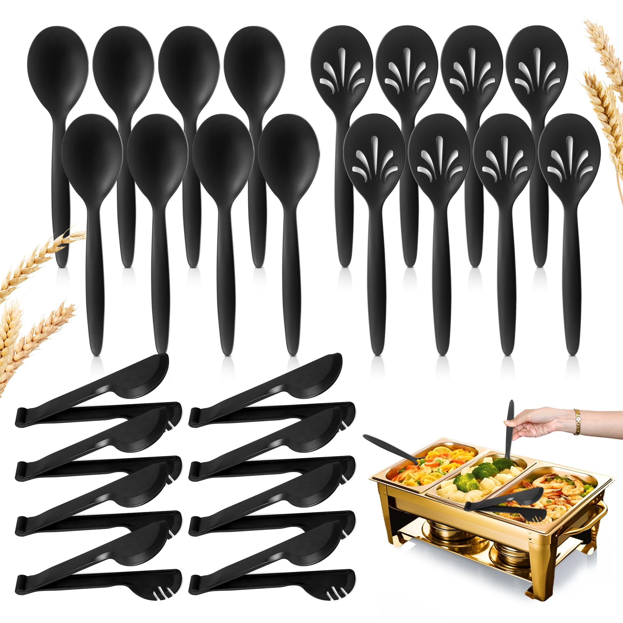 RayPard Reusable Plastic Serving Utensils Set of 24, Wheat straw Large Serving set 10" Serving Spoons/10" Slotted Spoons/9.4" Tongs, for Party Chafing Dish Buffet Catering (Black)