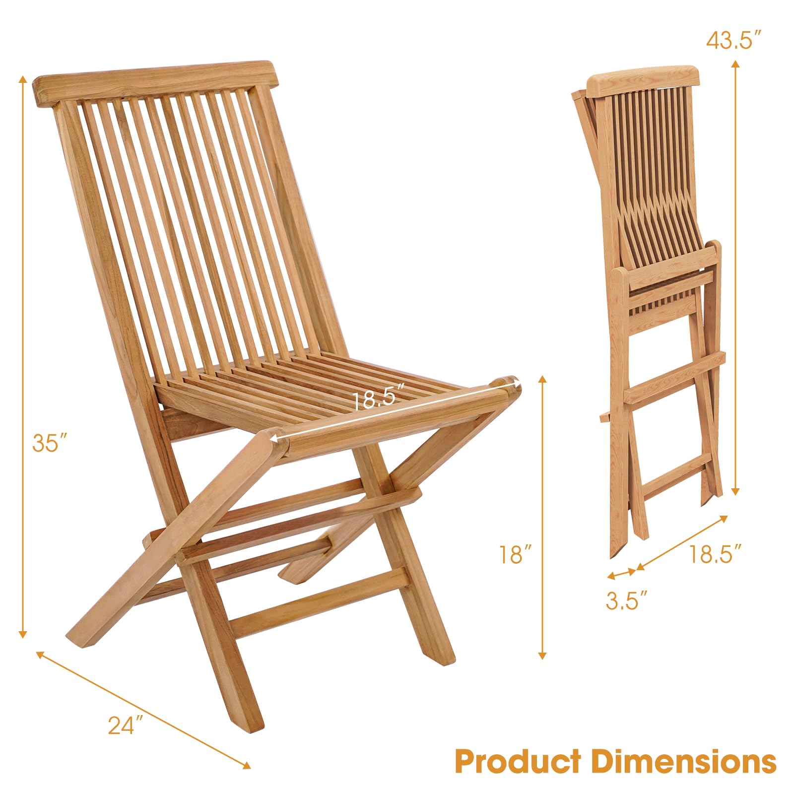 Tangkula 2 Piece Wood Patio Folding Chair, Sturdy Teak High-Back Chair with Slatted Design, Portable & Lightweight Outdoor Dining Chair, Natural Appearance, Perfect for Backyard, Camping