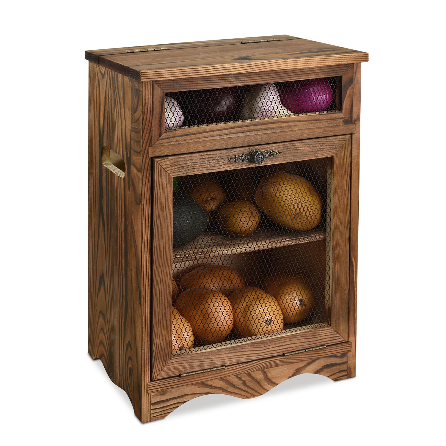 Ikee Design Free Assemble Wooden Countertop Potato and Onion Storage Bin Box,Countertop Storage Cabinet, Wooden Bread Boxes, Potato Storage, Coffee Station,11.8W x 6.8D x 16H in, Rustic Color