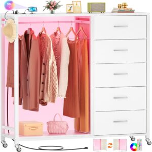 Cyclysio Dresser with Clothes Rack, 5 Drawers Dresser with Charging Station & LED Lights, White Storage Unit, Closet