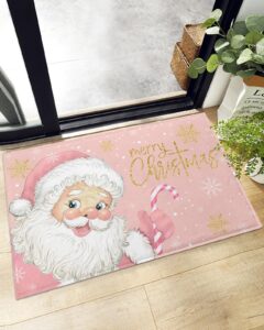 christmas pink santa claus floor door mats shag carpet,xmas gold foil snowflake non slip super soft bath rugs,winter snow shaggy fuzzy area rug for kitchen/bathroom/bedroom/living room decor 16x24in