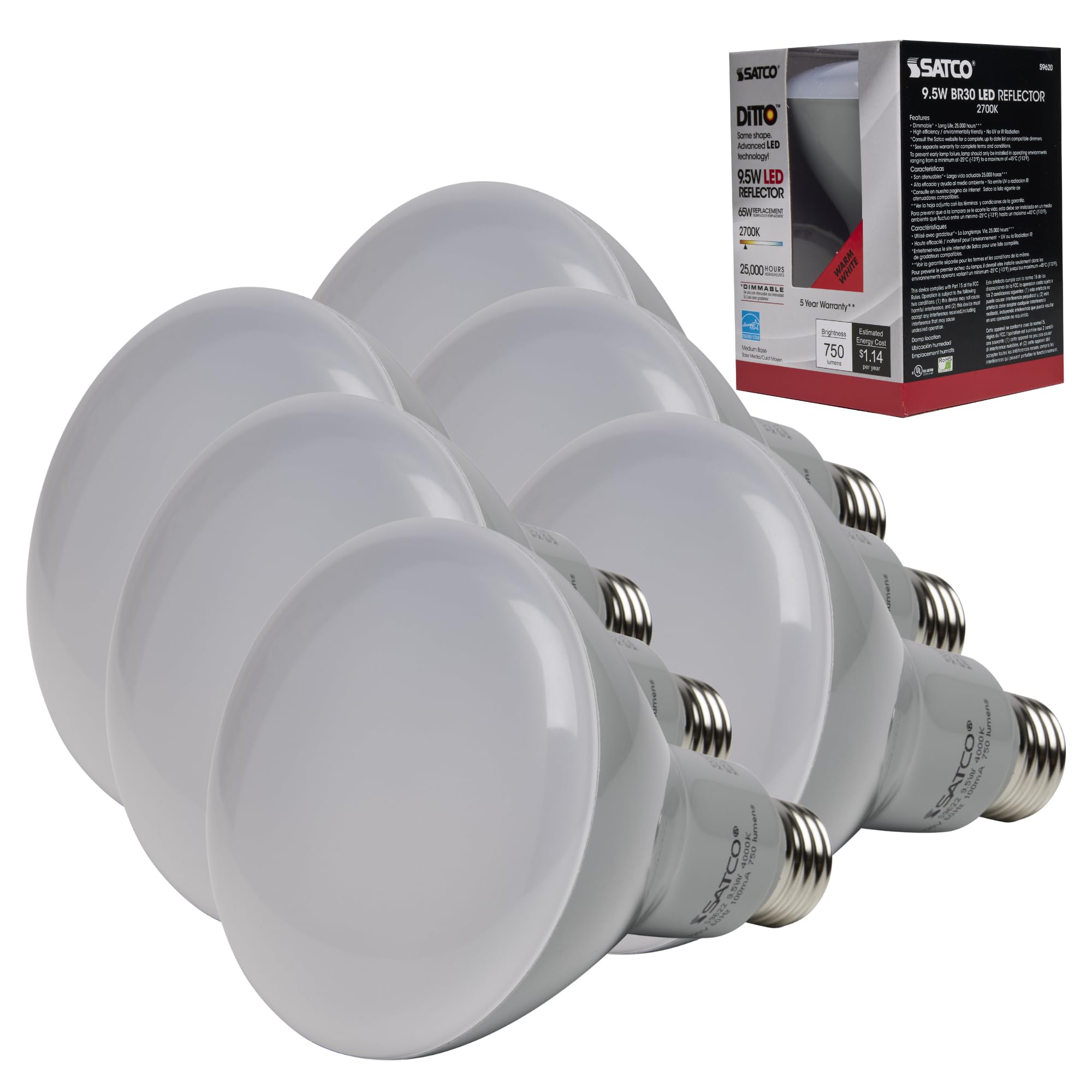 Satco S9620-9.5 Watt BR30 LED Bulb - (6 LED Light Bulbs)