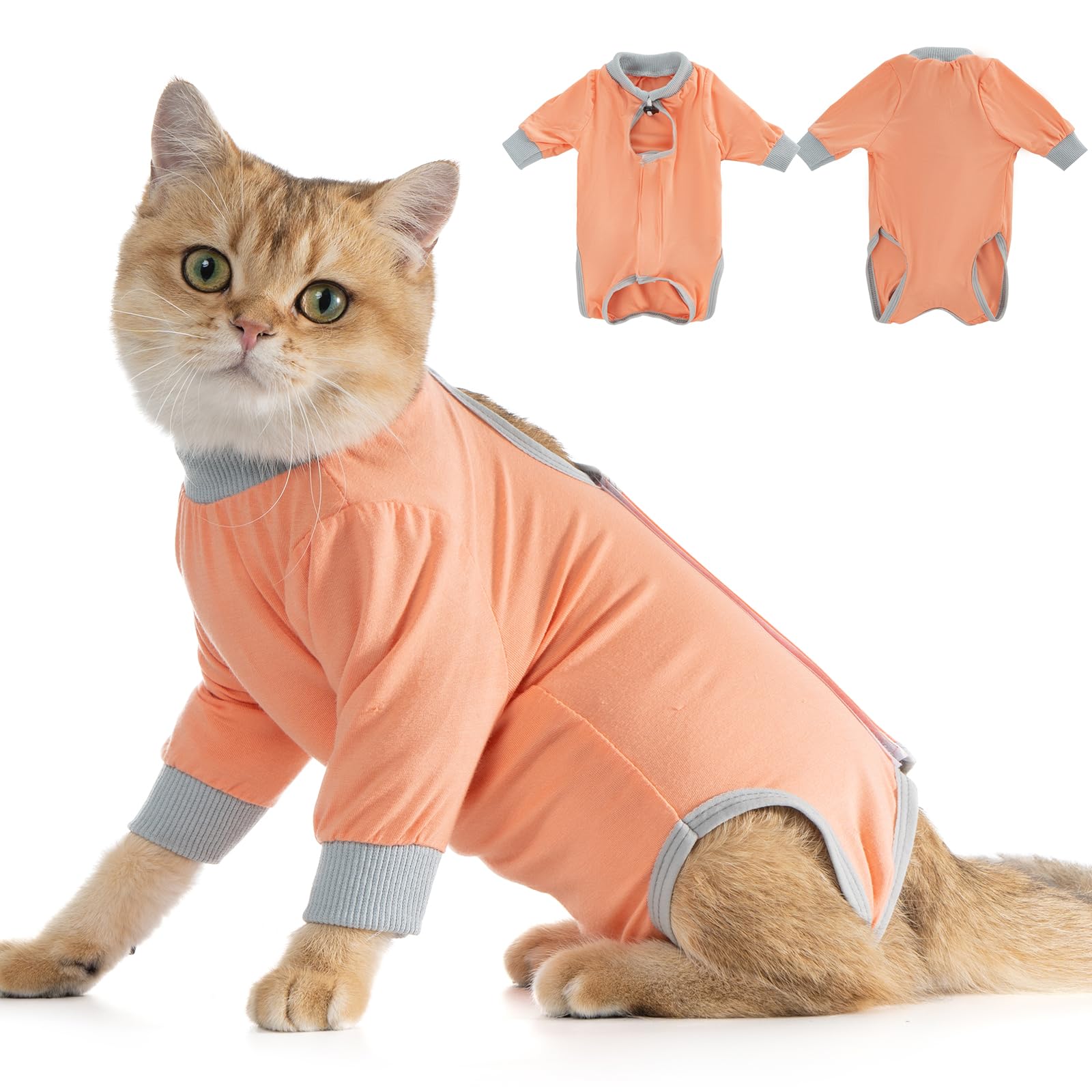 Avont Cat Recovery Suit - Kitten Onesie with Front Sleeves for After Surgery, Female Spay Surgical Abdominal Wound Skin Diseases E-Collar Alternative Wear -Coral(S)