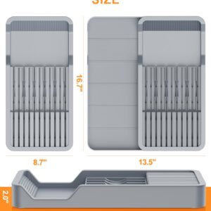 RISHTEN Kitchen Knife Drawer Organizer Grey, In Drawer Knife Block Holder with Expandable Cutlery Tray Compact Organization Drawer Storage Holds Up To 11 Knives (Including Hooks&Sponges)