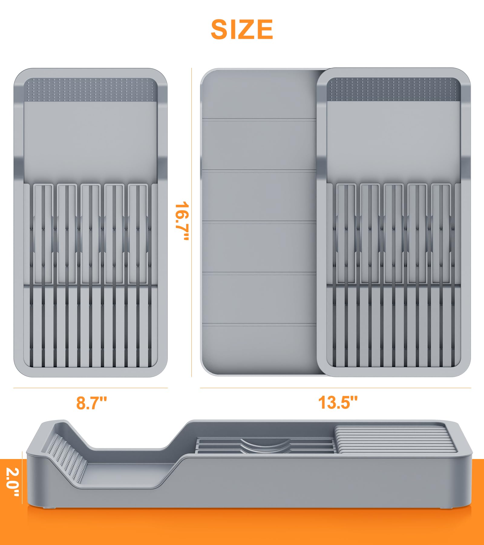 RISHTEN Kitchen Knife Drawer Organizer Grey, In Drawer Knife Block Holder with Expandable Cutlery Tray Compact Organization Drawer Storage Holds Up To 11 Knives (Including Hooks&Sponges)