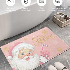 Christmas Pink Santa Claus Floor Door Mats Shag Carpet,Xmas Gold Foil Snowflake Non Slip Super Soft Bath Rugs,Winter Snow Shaggy Fuzzy Area Rug for Kitchen/Bathroom/Bedroom/Living Room Decor 16x24in