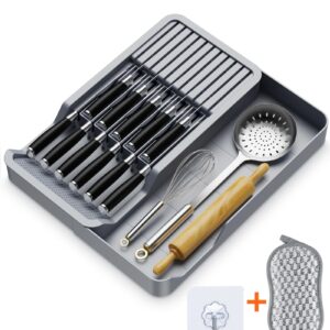 RISHTEN Kitchen Knife Drawer Organizer Grey, In Drawer Knife Block Holder with Expandable Cutlery Tray Compact Organization Drawer Storage Holds Up To 11 Knives (Including Hooks&Sponges)