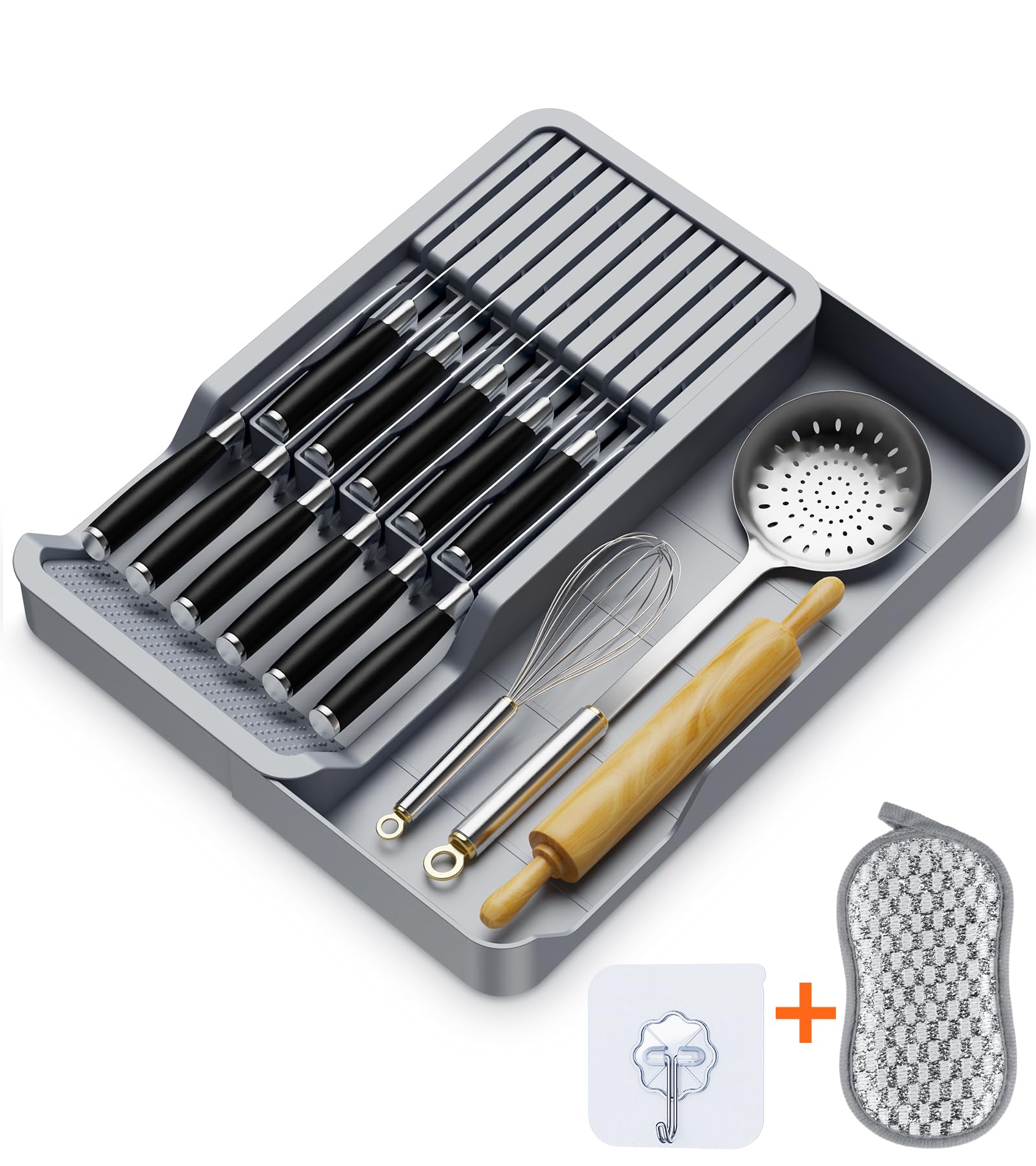 RISHTEN Kitchen Knife Drawer Organizer Grey, In Drawer Knife Block Holder with Expandable Cutlery Tray Compact Organization Drawer Storage Holds Up To 11 Knives (Including Hooks&Sponges)