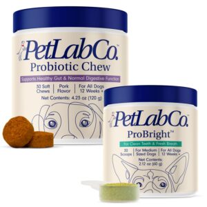 petlab co. – gut & dental bundle: dog probiotics for gut health, seasonal allergies, skin & ear healthy yeast levels 30 count & doggy dental powder for an effortless deep clean in 1 scoop