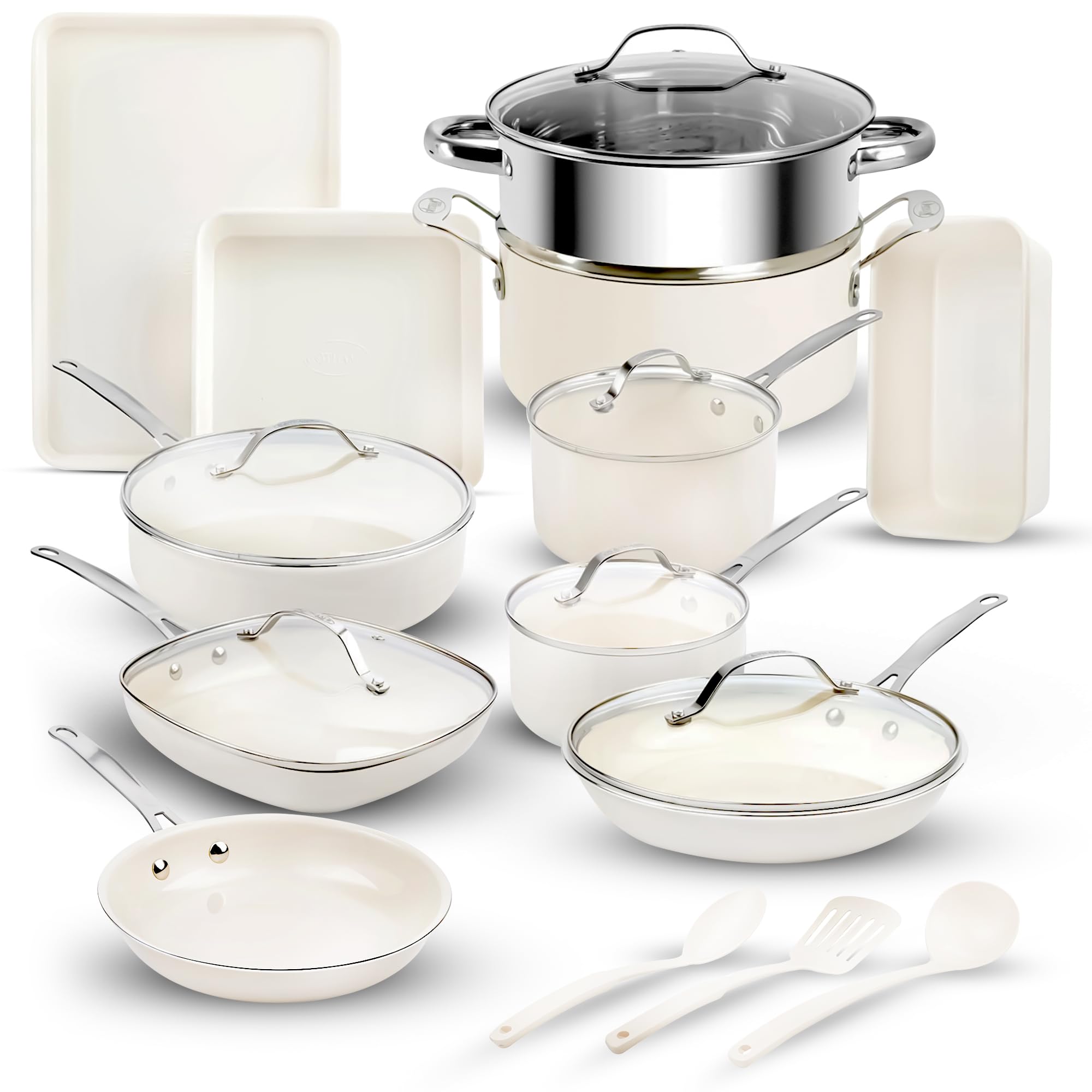 GOTHAM STEEL 20 Pc Ceramic Pots and Pans Set Non Stick, Kitchen Cookware Sets, Pot and Pan Set, Ceramic Cookware Set, Non Toxic Cookware Set, White Pots and Pan Set, Dishwasher Safe - Cream