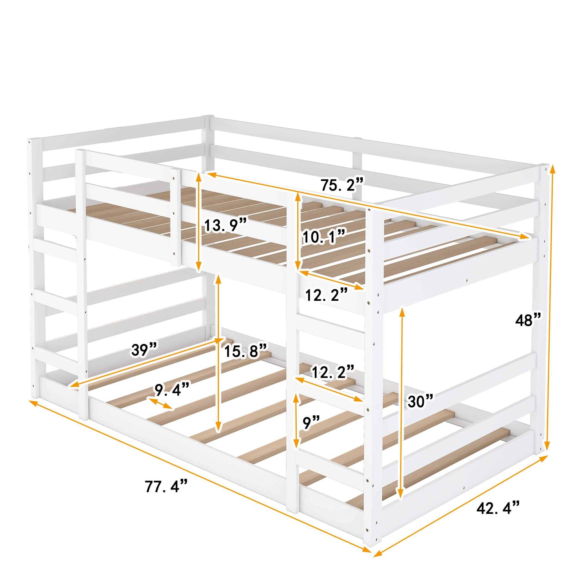 LostCat Twin Over Twin Bunk Bed, Pine Wood Bunk Bed Frame, Twin Bunk Bed Frame with Ladder and Full-Length Guardrail, Easy Assembly Pine Wood Bunk Bed Frame for Children, Teens and Adults, White