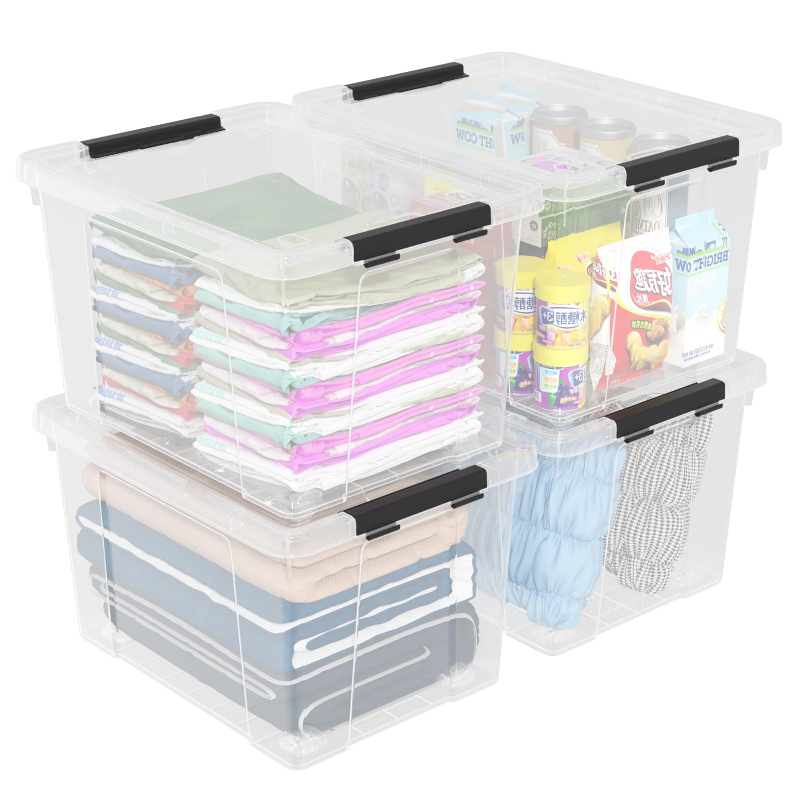 Ucake 50 Quart Clear Storage Latching Bin with Lid, Large Plastic Storage Box with Wheels, 4 Packs