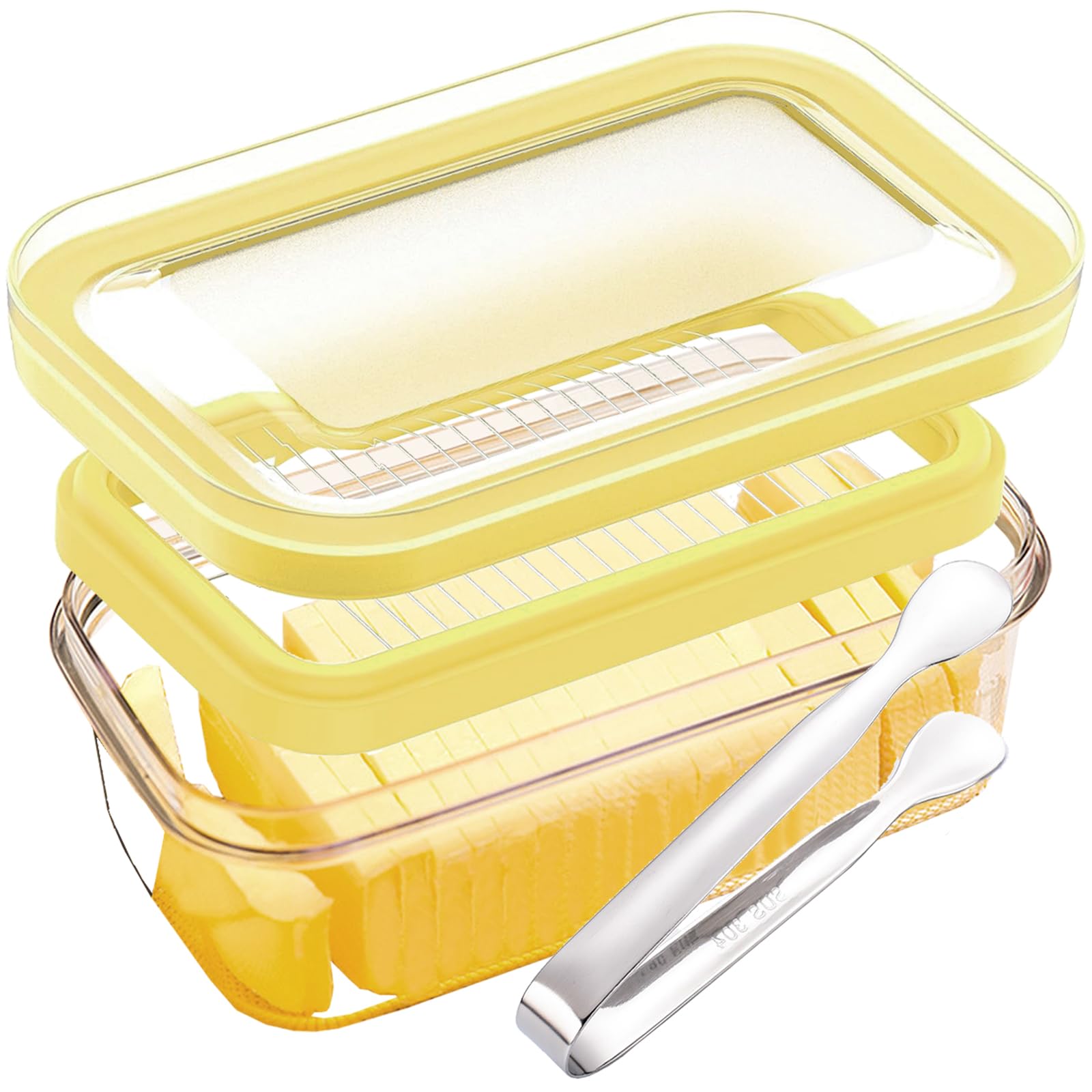 Butter Slicer Cutter Dish Airtight Box Stick Container Airtight Lid with 304 Stainless Steel Tweezer for Fridge Storage