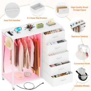 Cyclysio Dresser with Clothes Rack, 5 Drawers Dresser with Charging Station & LED Lights, White Storage Unit, Closet