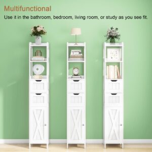 Bathroom Cabinet, Bathroom Storage Cabinet Rack Stand, Freestanding Narrow Tall Cabinet with Door and Adjustable Shelf, Multifunctional Bathroom Floor Cabinet with 2 Drawers (White)