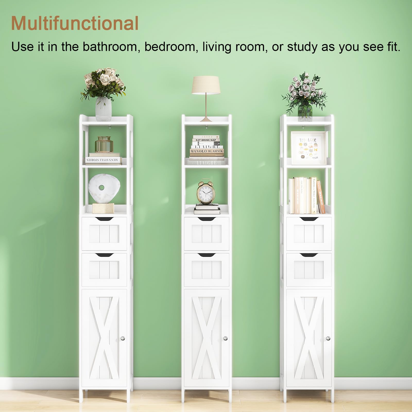 Bathroom Cabinet, Bathroom Storage Cabinet Rack Stand, Freestanding Narrow Tall Cabinet with Door and Adjustable Shelf, Multifunctional Bathroom Floor Cabinet with 2 Drawers (White)