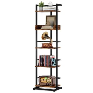 hosfais book shelf narrow bookshelf: 5 tier wood bookcase with metal edge protection industrial modern bookshelf book storage organizer for living room bedroom home office (rustic brown)