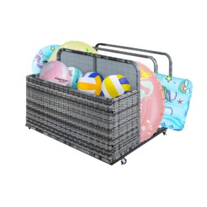 STMHOM Outdoor Storage, Double Layer Poolside Float Storage, Patio Poolside Float Storage Basket, Storage Box, PE Rattan Outdoor Pool Caddy with Rolling Wheels for Floaties,Beach-Sturdy,Grey