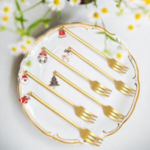 A · HOUSEWARE Dessert Forks Gold Christmas Silverware Set Stainless Steel Flatware Small 6 Pieces Appetizer Utensils With Xmas Charms Handle for Festival Parties and Everyday Use