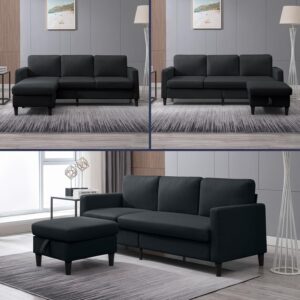 ijuicy Convertible Sectional Couch,78" Small Sectional Sofa, 3-Seat Upholstered Linen L Shaped Sofa w/Movable Storage Ottoman,Reversible Chaise Lounge for Living Room/Small Spaces(Dark Grey)