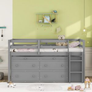 kids twin low loft bed with storage, twin size loft bed with portable desk and 4 drawers, wood twin loft bed with shelves, modern farmhouse junior loft bed for kids boys girls, gray