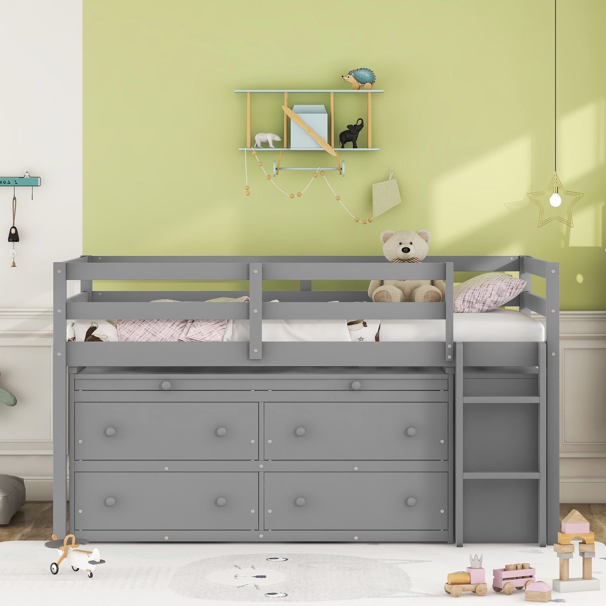 Kids Twin Low Loft Bed with Storage, Twin Size Loft Bed with Portable Desk and 4 Drawers, Wood Twin Loft Bed with Shelves, Modern Farmhouse Junior Loft Bed for Kids Boys Girls, Gray