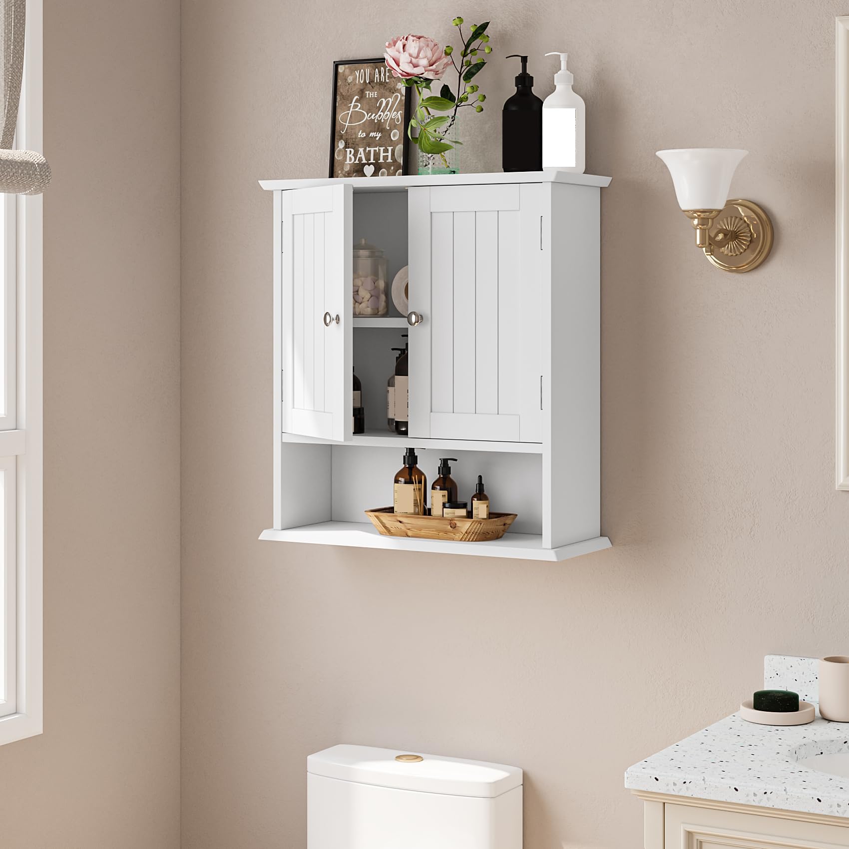 Mino Kesper Bathroom Wall Cabinet, Bathroom Cabinet Wall Mount with 2 Doors and Open Shelf, Over The Toilet Wall Storage Cabinet, Bathroom Medicine Cabinet