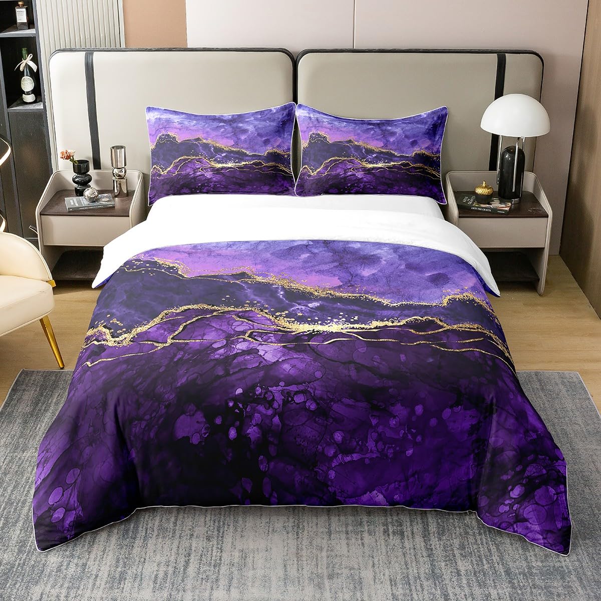 100% Organic Cotton Purple Marble Bedding Set Abstract Gold Purple Comforter Cover,Iridescent Ink Fluid Art Duvet Cover Marbling Modern Luxury Elegant Art Decorative Patchwork Quilt Cover King