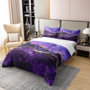 100% Organic Cotton Purple Marble Bedding Set Abstract Gold Purple Comforter Cover,Iridescent Ink Fluid Art Duvet Cover Marbling Modern Luxury Elegant Art Decorative Patchwork Quilt Cover King