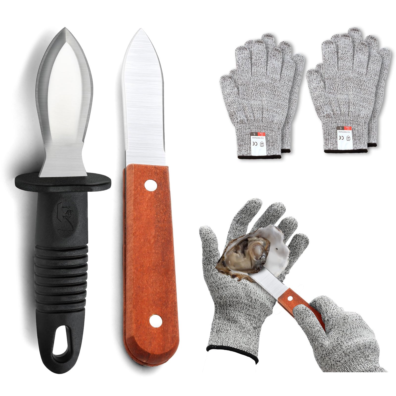 Hunnycook Oyster Shucking Knife Set, 7.9-inch and 6.8-inch Stainless Steel Oyster Shuckers, 1 Plastic Handle Oyster Knife, 1 Wooden Handle Oyster Knife, 2 Pairs of Level 5 Cut-resistant Gloves (L)